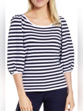 Striped Navy and White Puff-Sleeve Top - Women
